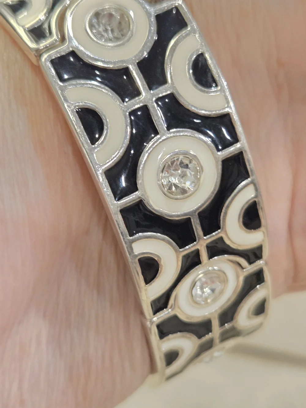 Black and White Enamel Geometric Mod Bracelet with Crystal Accents